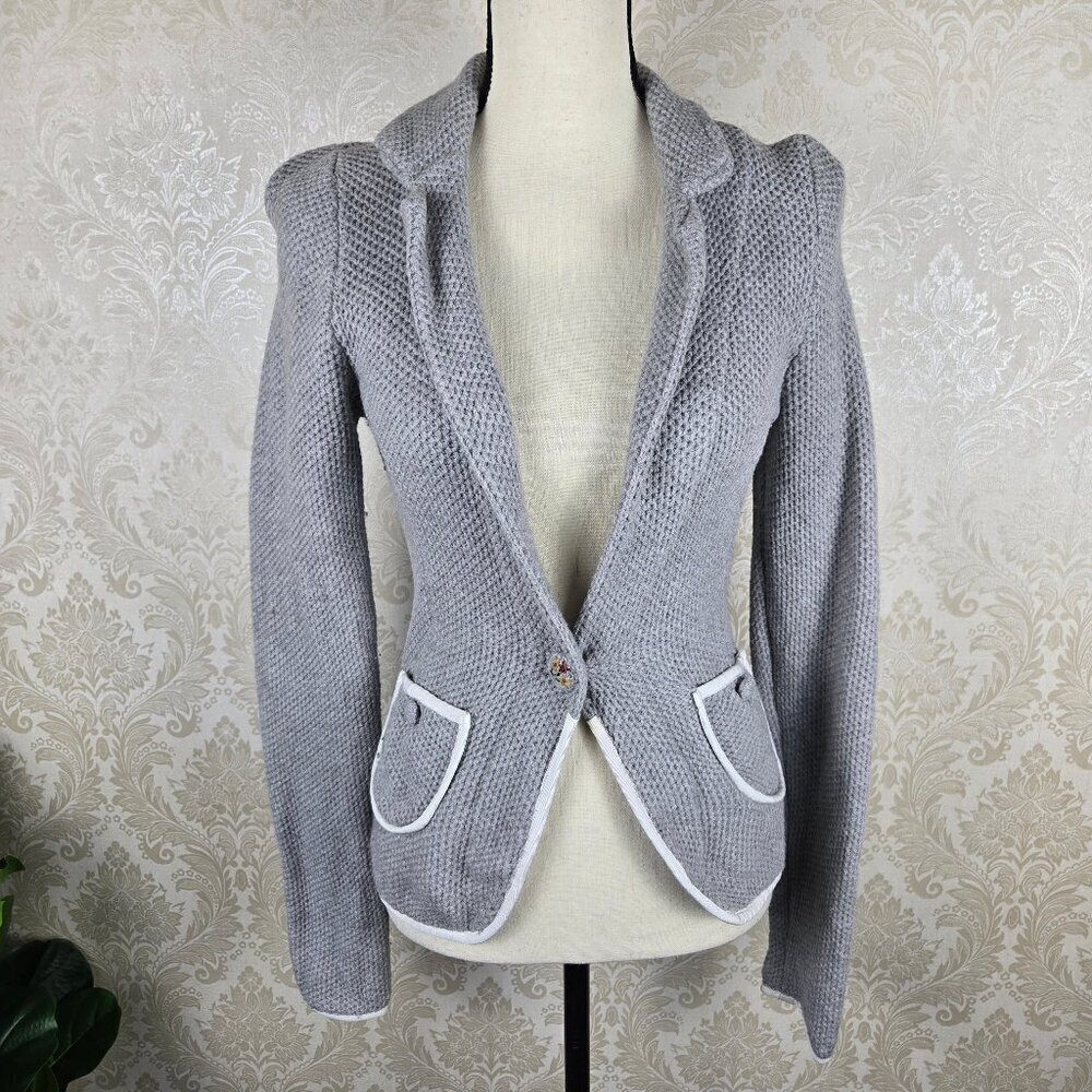 Anthropolgie MOTH Blakely Knit Blazer Size Small Gray White Trim 1 Button Close